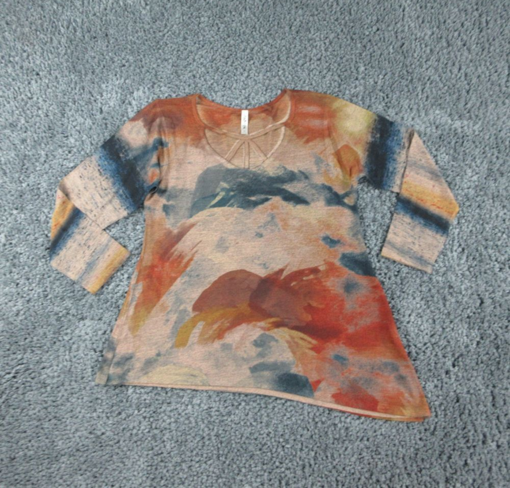 Cubism Shirt Womens 2XL Brown Blue Geometric Wearable Art Long Sleeve Scoop Neck